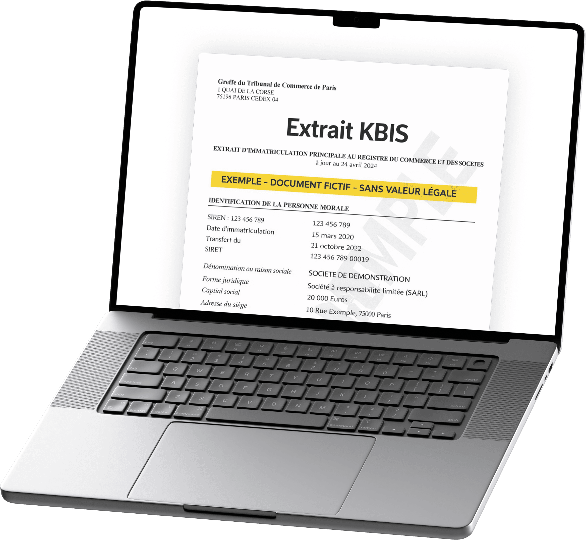 Aperçu d'un extrait Kbis affiché sur ordinateur portable